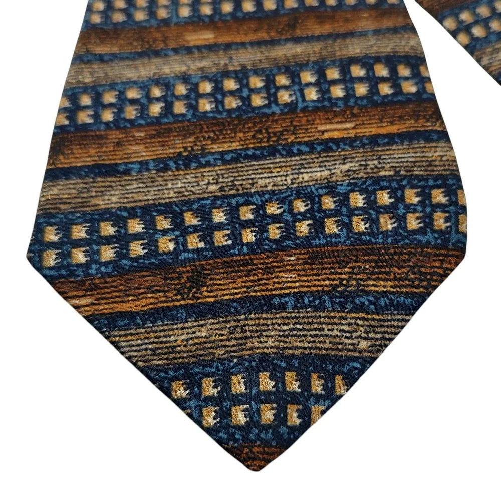 Rasel‎ Silk Tie Brown Blue Gold Geometric Pattern Mens Necktie Made In Turkey